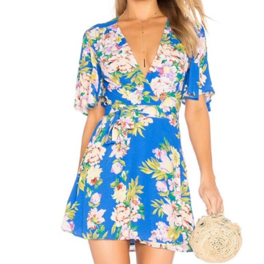 Privacy Please Brisco Floral Wrap Mini Dress in Bright Blue, short sleeve, xS